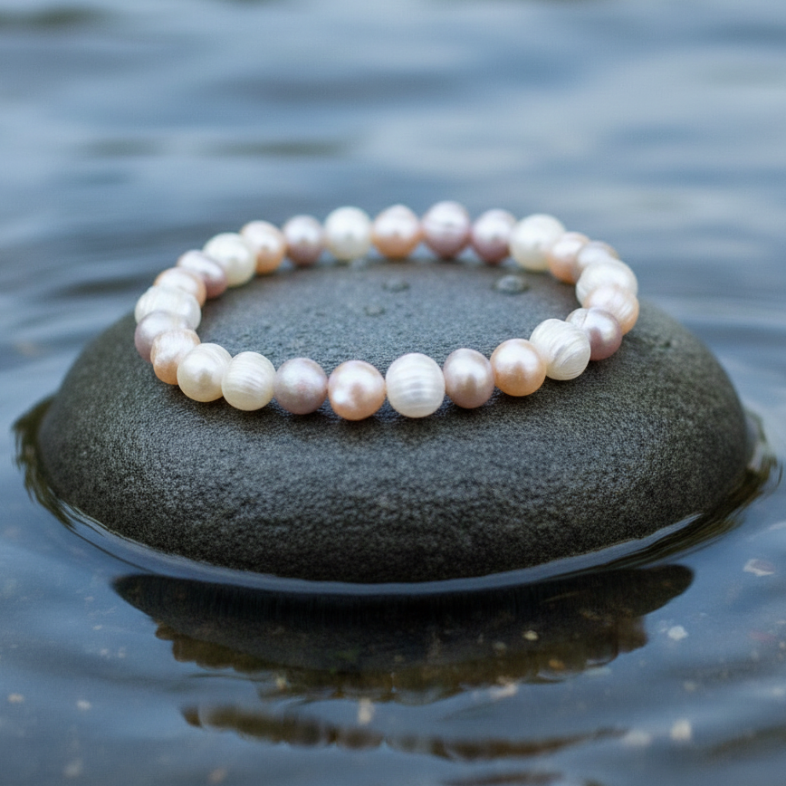 Zoetwater parel armband met witte, zalm en roze parels liggend op steen in water, elastisch | Bella Soft Colors