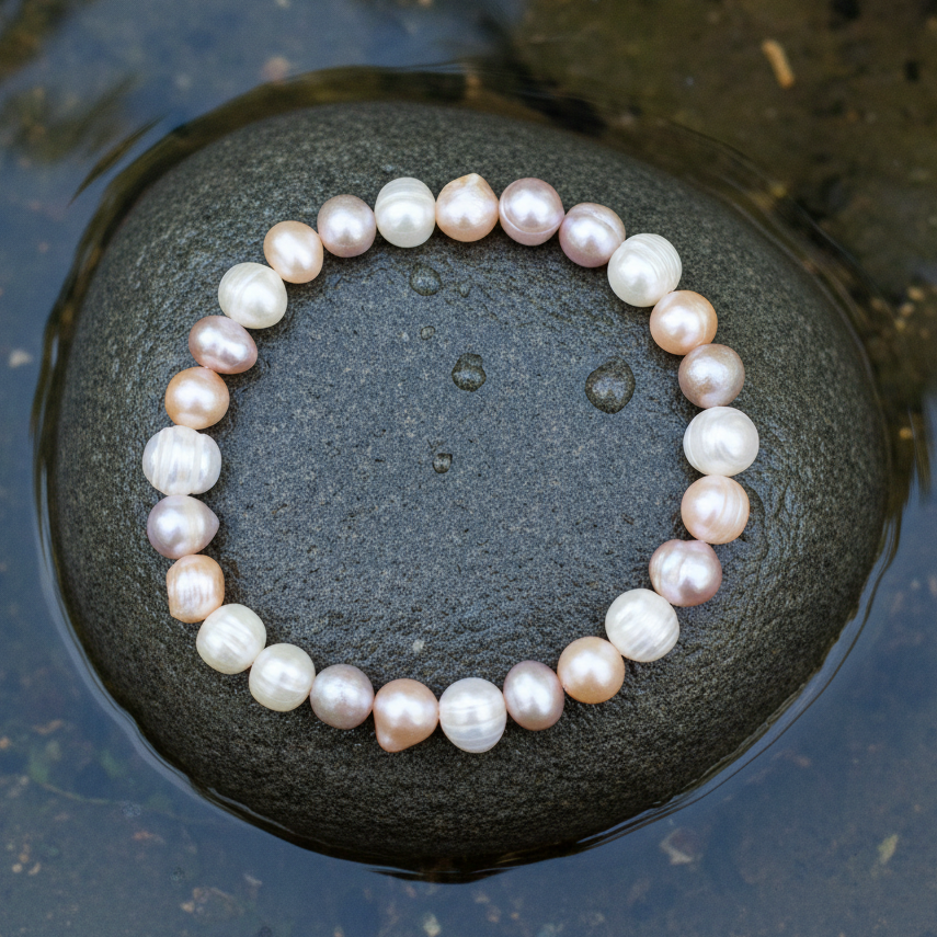Zoetwater parel armband met witte, zalm en roze parels liggend op steen in water bovenaanzicht, elastisch parel armband | Bella Soft Colors