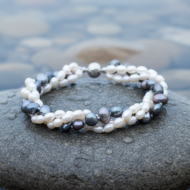 Zoetwater parel armband met witte, zwarte blauwe parels en magneetslotje liggend op natte steen | Bianca