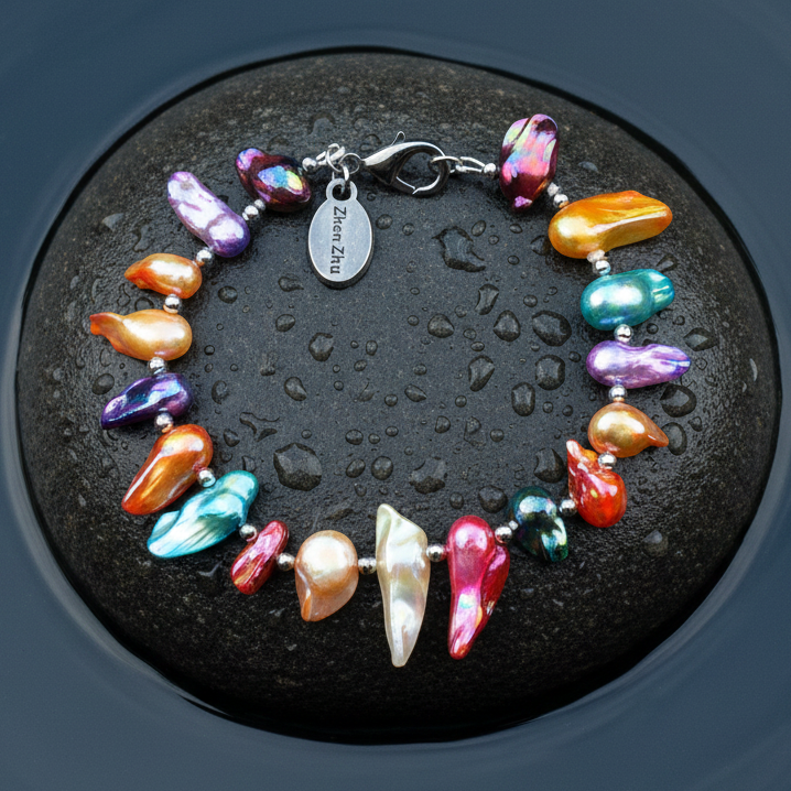 Zoetwater parel armband met bont gekleurde parels liggend op steen in water | Blister AB Color