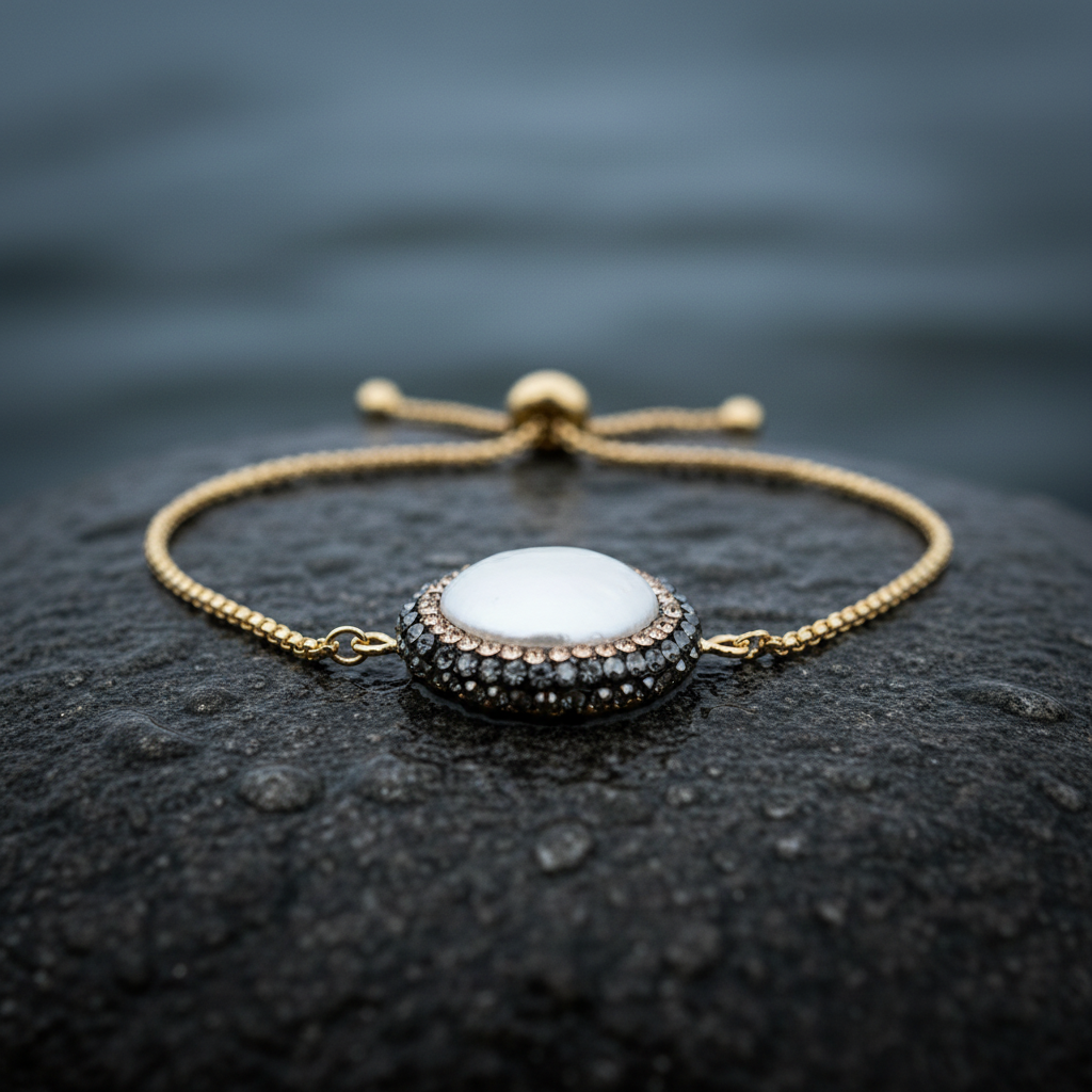 Wit zoetwater parel armband met goud edelstaal, stras steentjes en een schuifslotje liggend op steen in water close up | Bright Minimal Gold Coin