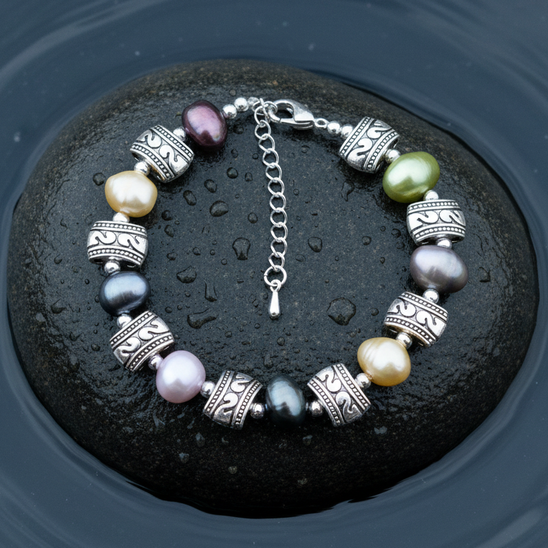 Zoetwater parel armband met bond gekleurde parels | Decorative Pearl Antique Silver