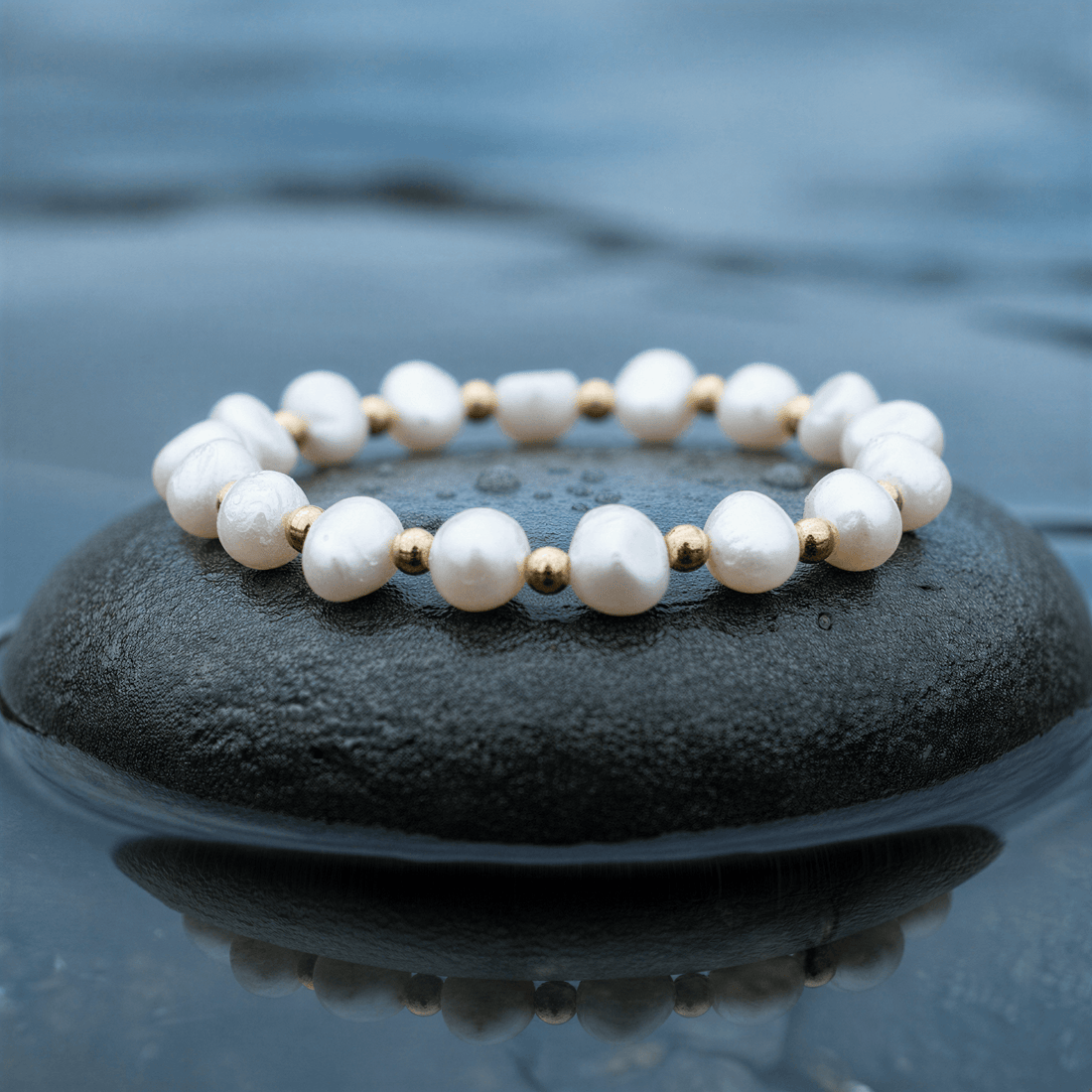 Wit zoetwater parel armband met goud edelstaal liggend op steen in water close up | Esra