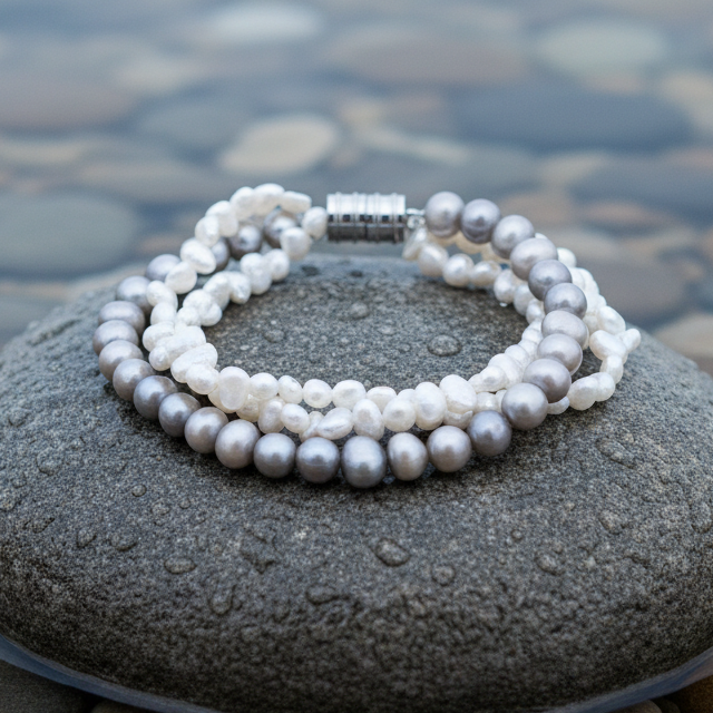 Zoetwater parel armband met 3 rijen in grijs en wit met magneetslotje liggend op natte steen | Gianca