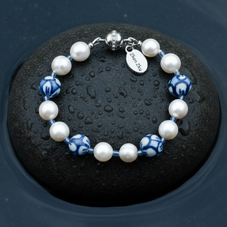 Wit zoetwater parel armband met Delfts blauwe kralen en magneetsluiting liggend op steen in water | Hollands Glorie Flower White