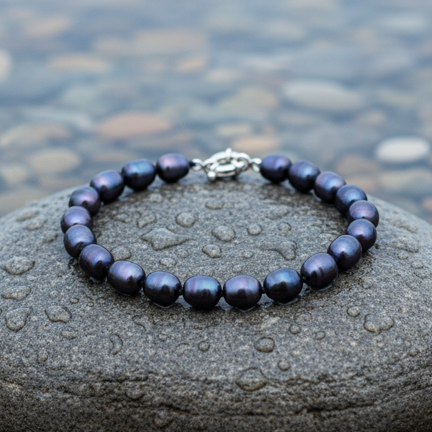 Zoetwater parel armband met zwart blauwe parels liggend op natte steen | Lita
