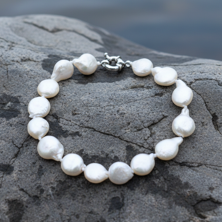 Wit zoetwater parel armband met coin parels liggend op natte steen | Little White Coin Pearl