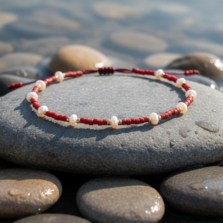 Wit zoetwater parel armband met rode en gouden kraaltjes en schuifsluiting liggend op steen in water | Mini Pearl Bead Red