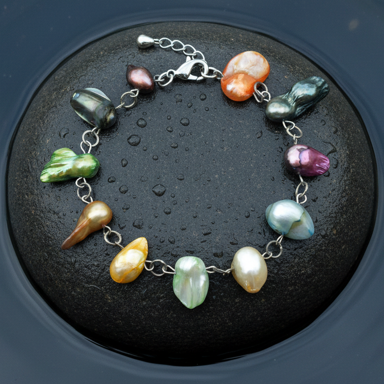 Zoetwater parel armband met vrolijk gekleurde parels op natte grijze steen | Multi Color Blister II