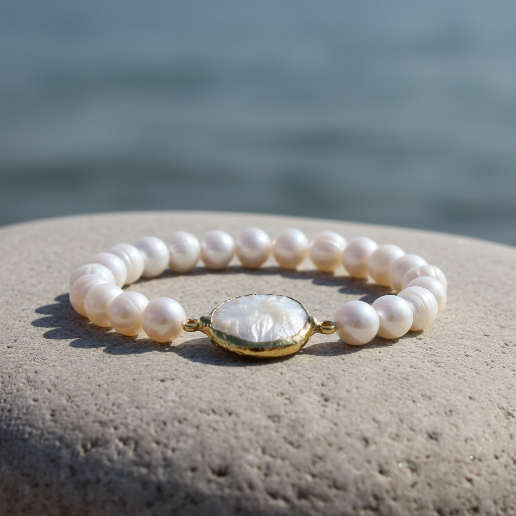 Wit zoetwater parel armband met gouden coin parel liggend op steen bij water, elastisch | One Gold Coin Pearl
