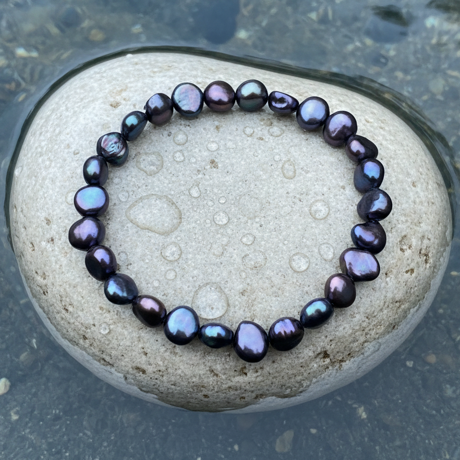Zoetwater parel armband met blauw paarse parels liggend op steen in water | Pealca