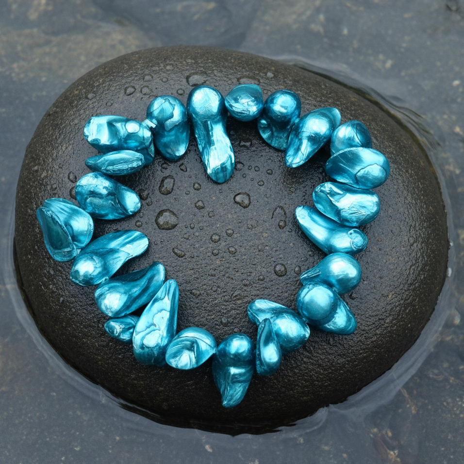 Zoetwater parel armband met aqua blauwe parels liggend op steen in water | set Pearl Blister Aqua Blue (KA)