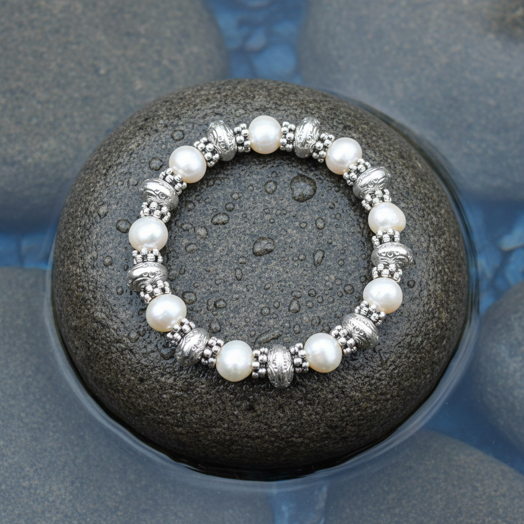 Wit stoer zoetwater parel armband met zilveren tussenringen liggend op steen in water | Persian Queen