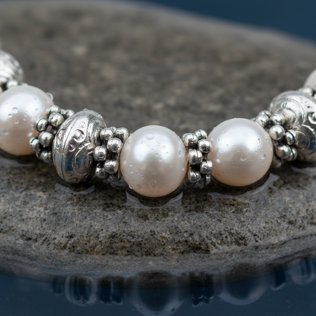 Wit stoer zoetwater parel armband met zilveren tussenringen liggend op steen close up | Persian Queen
