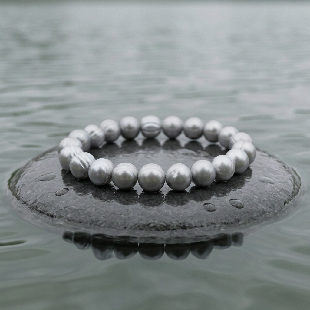 Zoetwater parel armband Renate met grijze parels liggend op steen in water | Renysha