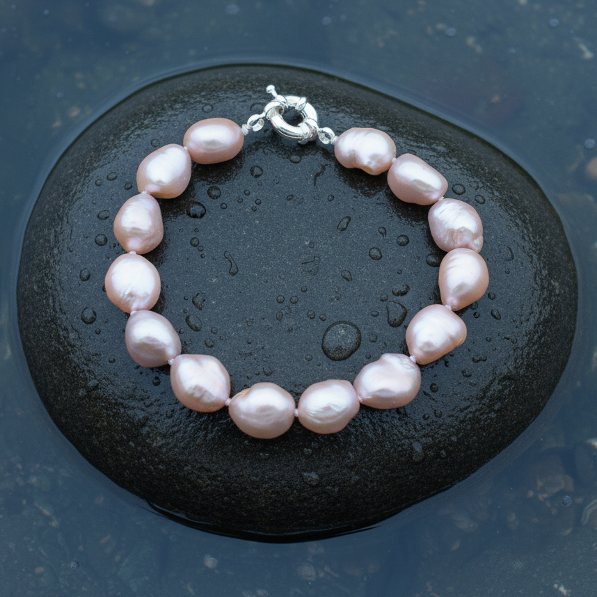 Handgeknoopt roze zoetwater parel armband liggend op steen in water | Rola Two