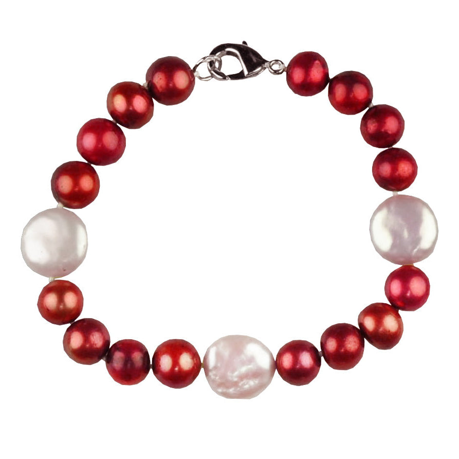 Handgeknoopt zoetwater parel armband met rode en witte parels | Ruby