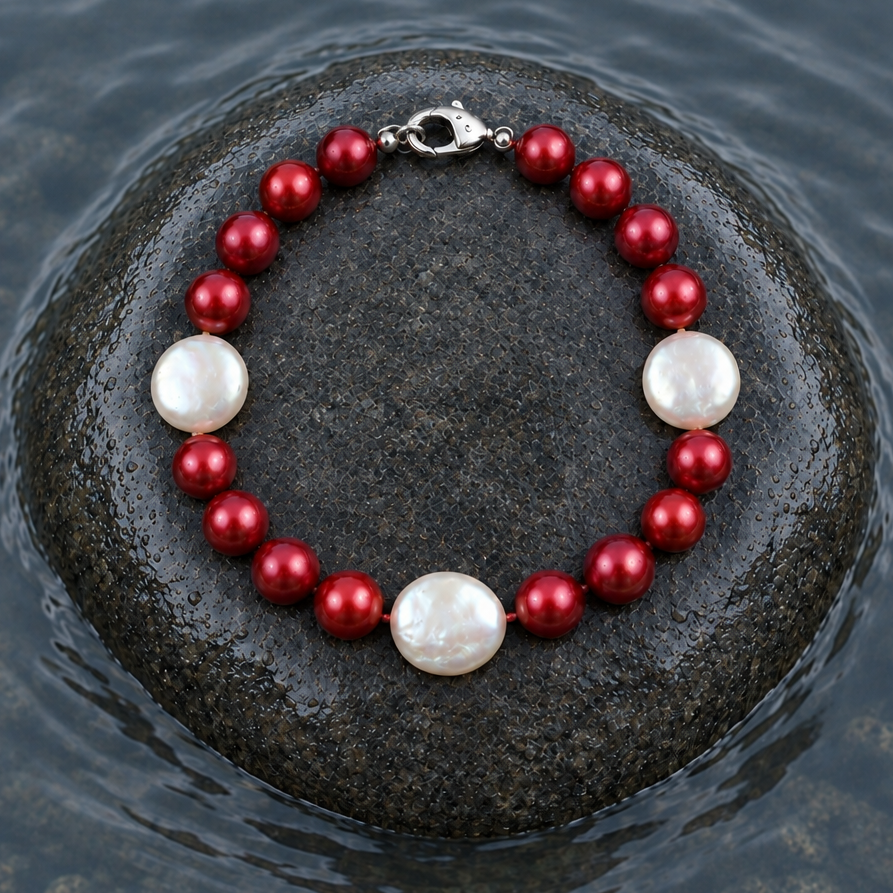Handgeknoopt zoetwater parel armband met rode en witte parels liggend op steen in water | Ruby