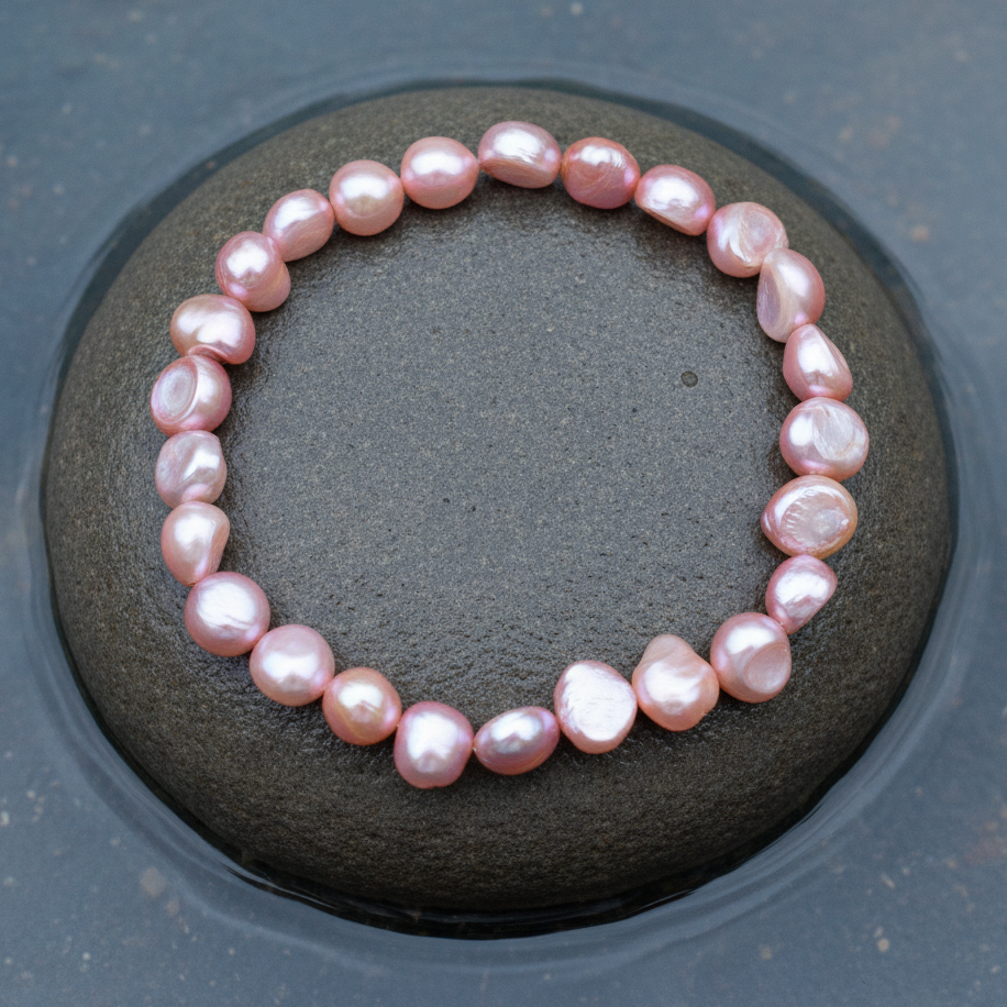 Zalm roze zoetwater parel armband, elastisch liggend op steen in water | Shinny Pearl Pink