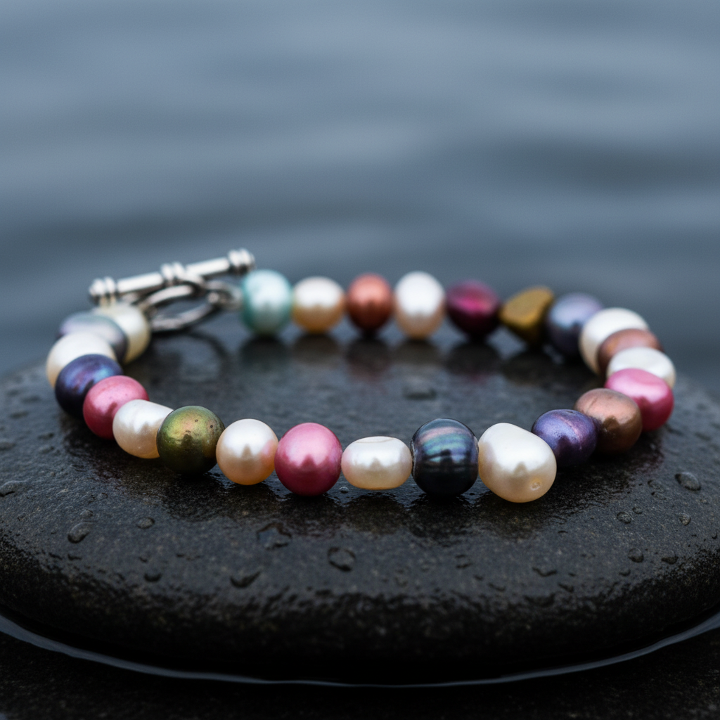 Zoetwater parel armband met bont gekleurde parels liggend op steen in water close up | Sparkling Color