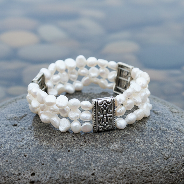 Wit zoetwater parel armband met 3 rijen liggend op natte steen, elastisch | Three Row White Pearl