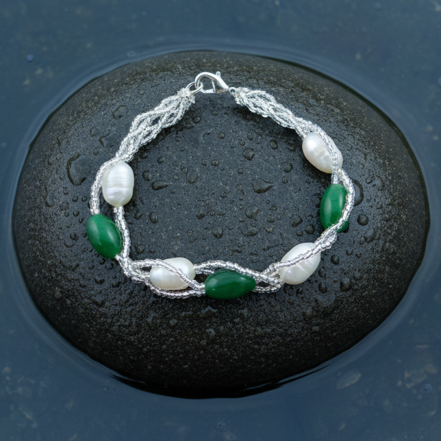 Wit zoetwater parel armband liggend op steen in water | Twine Pearl Green Glass