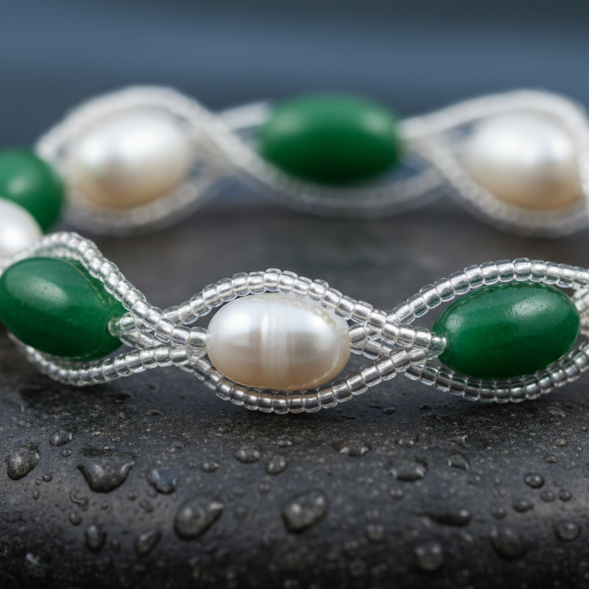 Wit zoetwater parel armband liggend op steen in water close up | Twine Pearl Green Glass