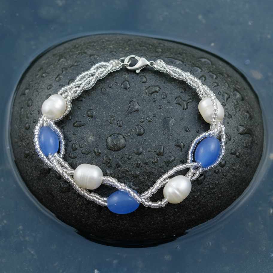 Wit zoetwater parel armband met licht blauwe glaskralen liggend op steen in water | Twine Pearl Heaven Blue