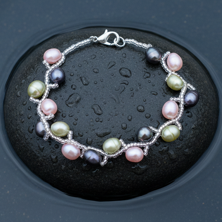 Zoetwater parel armband met roze, lime groen en grijze parels liggend op steen in water | Twist Pearl Mix Color