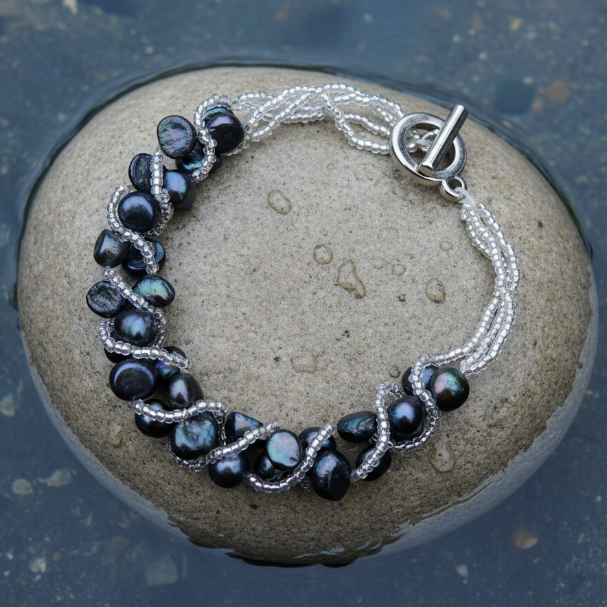 Zoetwater parel armband met blauw zwarte parels liggend op steen in water | Veronica