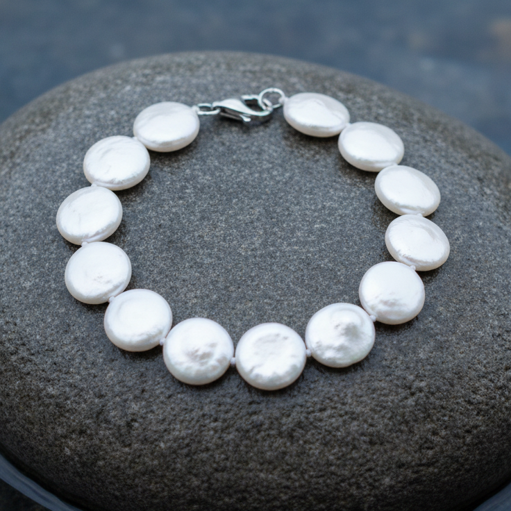 Wit zoetwater parel armband met coin parels en sterling zilver (925) liggend op steen in water | Weny