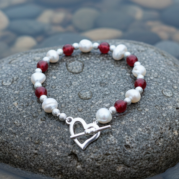 Wit zoetwater parel armband met rode agaat en hartjes slotje liggend op natte steen | Pearl Heart Red Agate