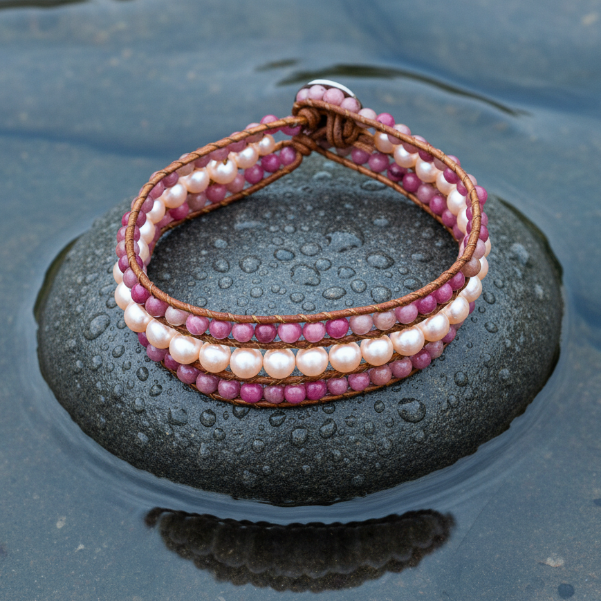 Zoetwater parel armband met rhodochrosiet en zalm kleurige parels liggend op steen in water | Parel armband Kallie