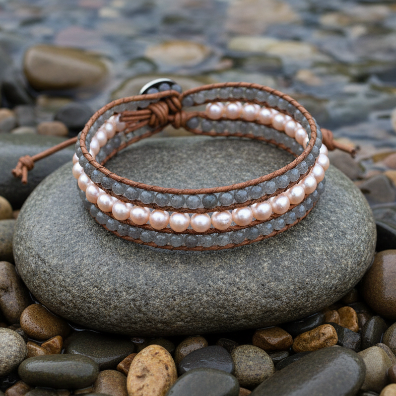 Zoetwater parel armband met zalm kleurige parels, labradoriet en bruin leer liggend op steen in water | Parel armband Kallu
