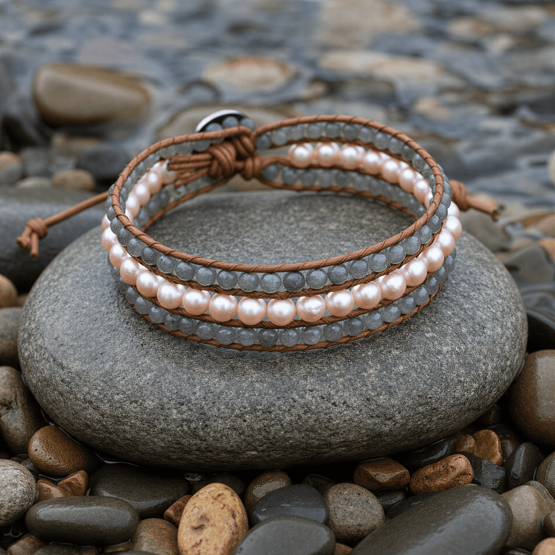 Zoetwater parel armband met zalm kleurige parels, labradoriet en bruin leer liggend op steen in water | Parel armband Kallu