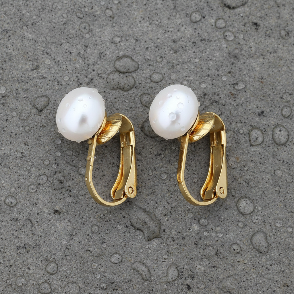 Grote witte zoetwater parel clips oorbellen met goud edelstaal liggend op steen liggend op natte steen | Gold White Clip Pearl 8 mm