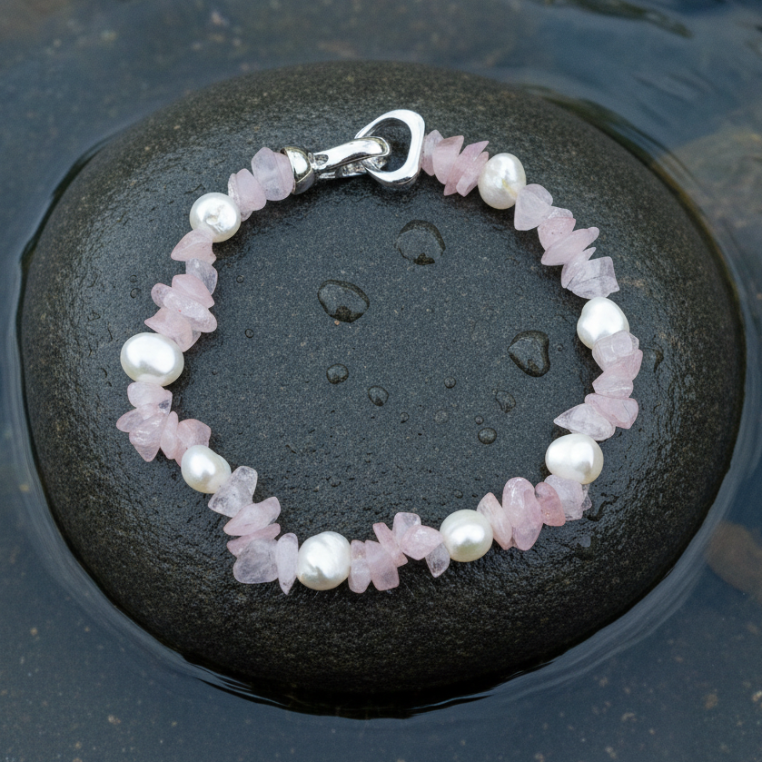 Wit zoetwater parel armband met rozenkwarts liggend ops teen in water | Sweet Heart
