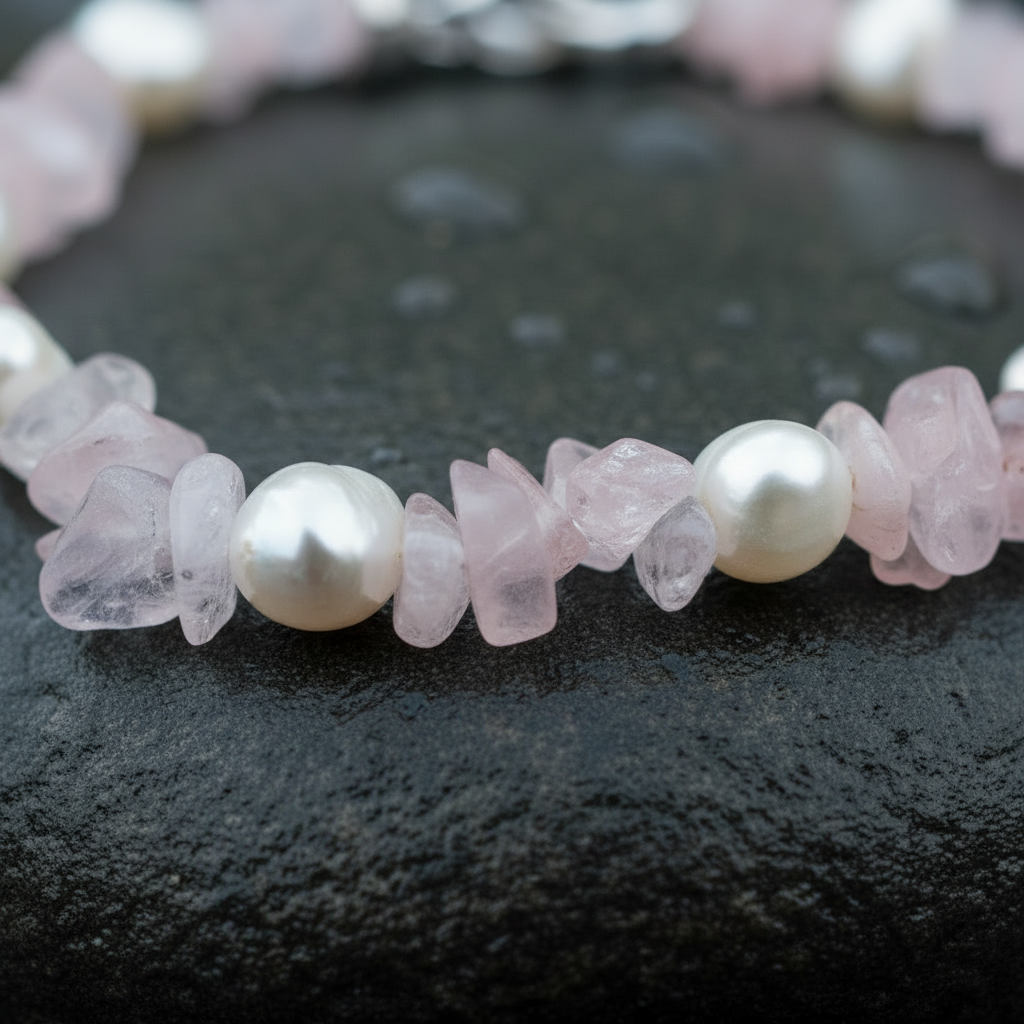 Wit zoetwater parel armband met rozenkwarts liggend op steen close up | Sweet Heart