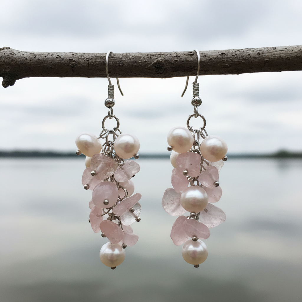 Witte zoetwater parel oorbellen met rozenkwarts en sterling zilver (925) hangend aan takje | Pearl Rosé Quartz Chip