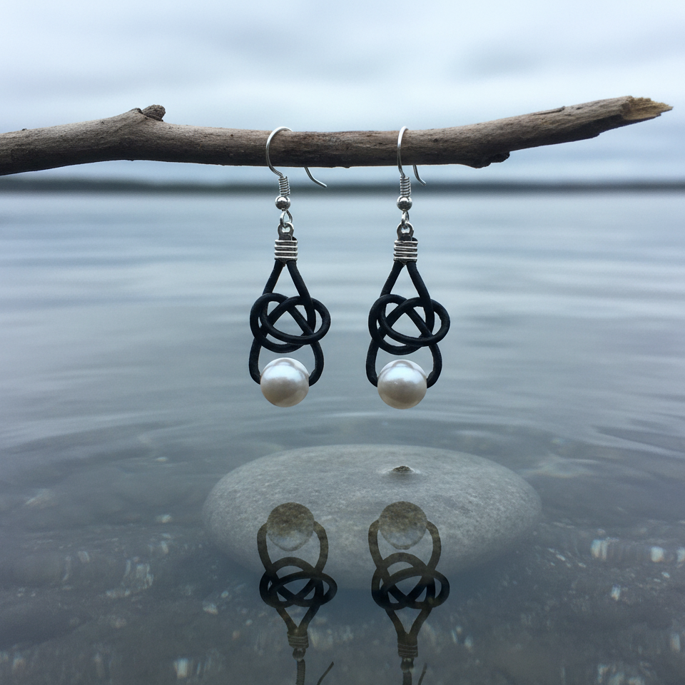 Witte zoetwater parel oorbellen met zwart leer en sterling zilver (925) hangend boven water | Black Leather Pearl White
