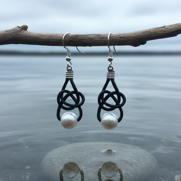 Witte zoetwater parel oorbellen met zwart leer en sterling zilver (925) hangend boven water | Black Leather Pearl White