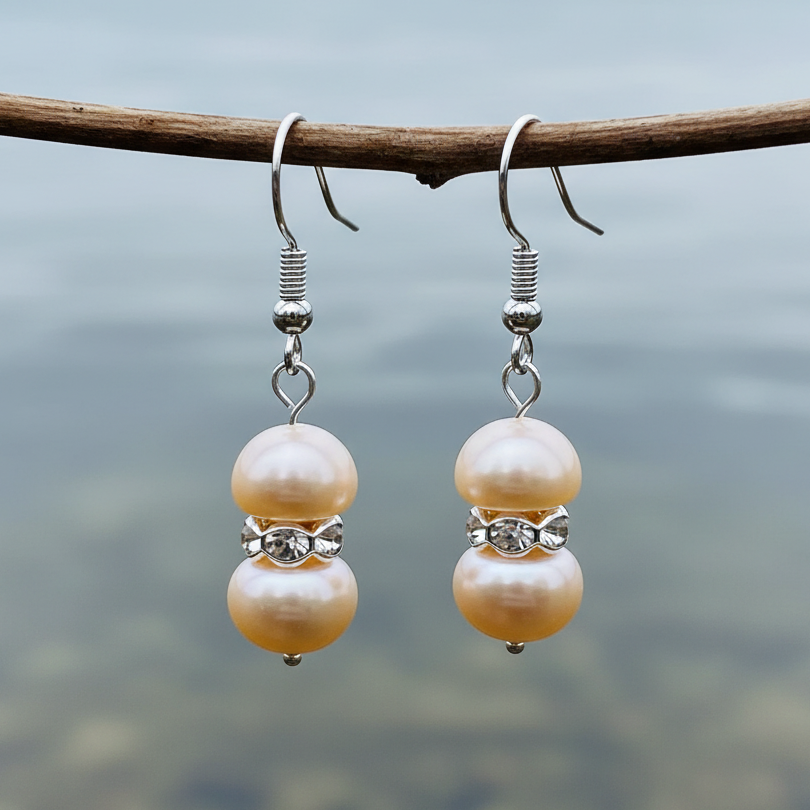 Zoetwater parel oorbellen met zalm kleurige parels, stras steentjes en sterling zilver 925 hangend aan takje | Bling Pearl Peach