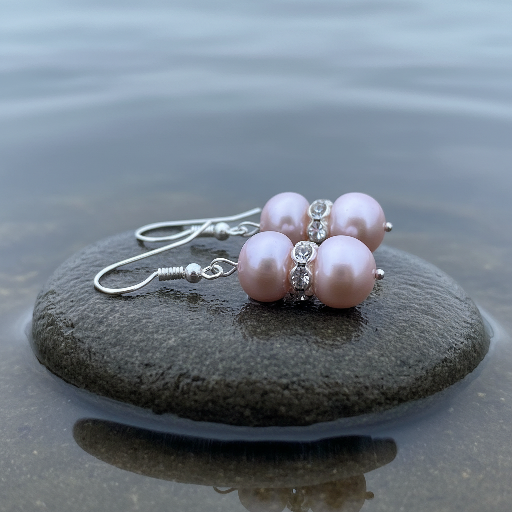 Roze zoetwater parel oorbellen met stras steentjes en sterling zilver 925 liggend op steen zijaanzicht | Bling Pearl Purple