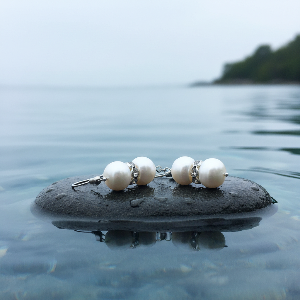 Witte zoetwater parel oorbellen met stras stenen en sterling zilver 925 liggend op steen in water | Bling Pearl