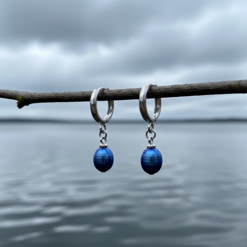 Blauwe zoetwater parel oorbellen hangend aan zilver edelstalen oorring hangend aan takje boven water | Blue Bells