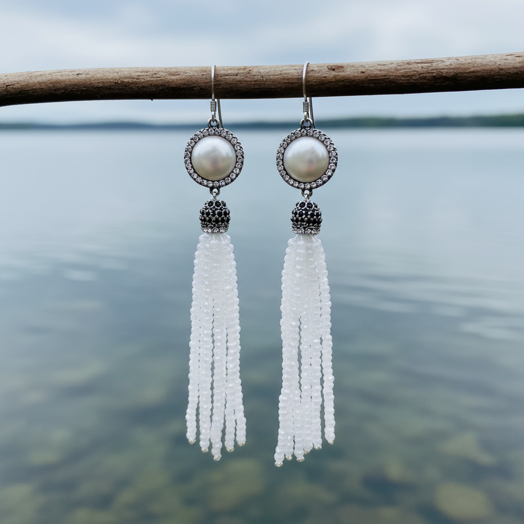 Lange witte parel oorbellen met stras steentjes en sterling zilver (925) hangend aan takje | Bright Coin Pearl White Crystal Tassel