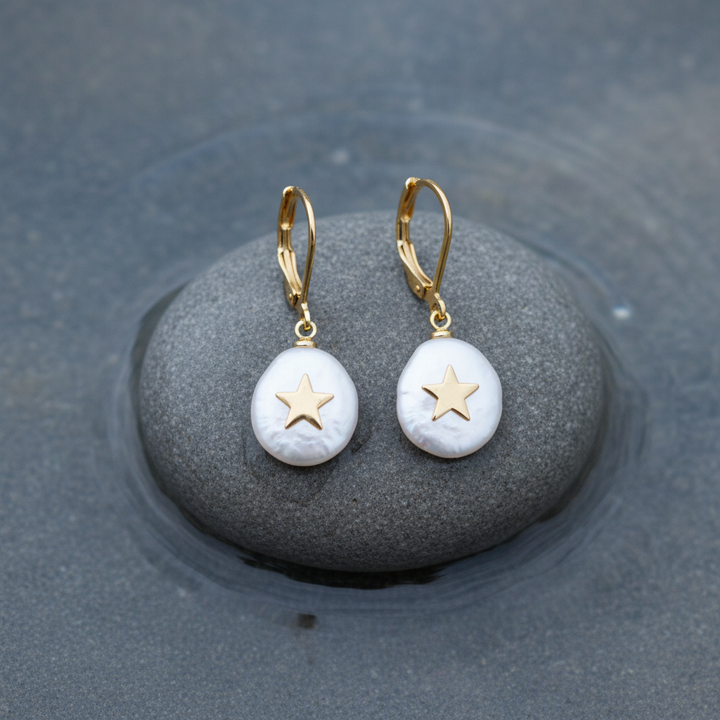 Witte zoetwater parel oorbellen met goud edelstaal en een parel hanger met een gouden ster erop liggend op steen | Coin Pearl Golden Star