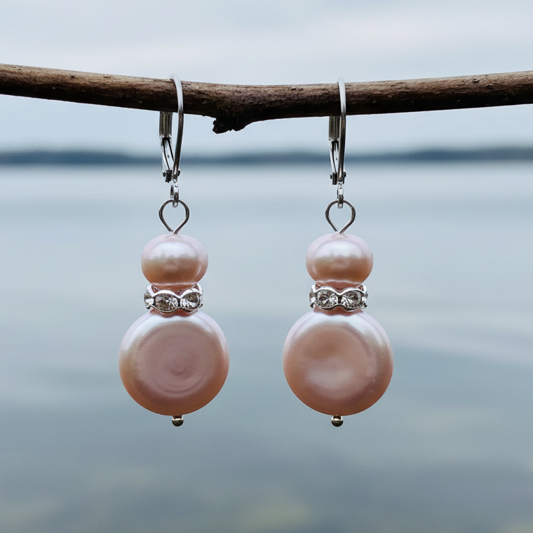 Roze zoetwater parel oorbellen met sterling zilver (925) hangend aan takje | Conny Bling Pink