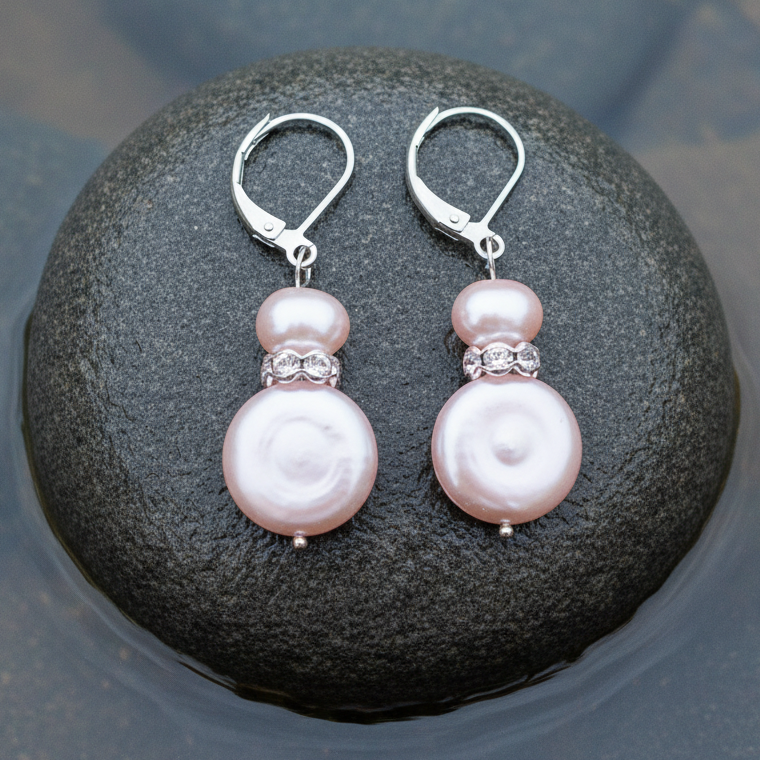 Roze zoetwater parel oorbellen met sterling zilver (925) liggend op steen in water | Conny Bling Pink