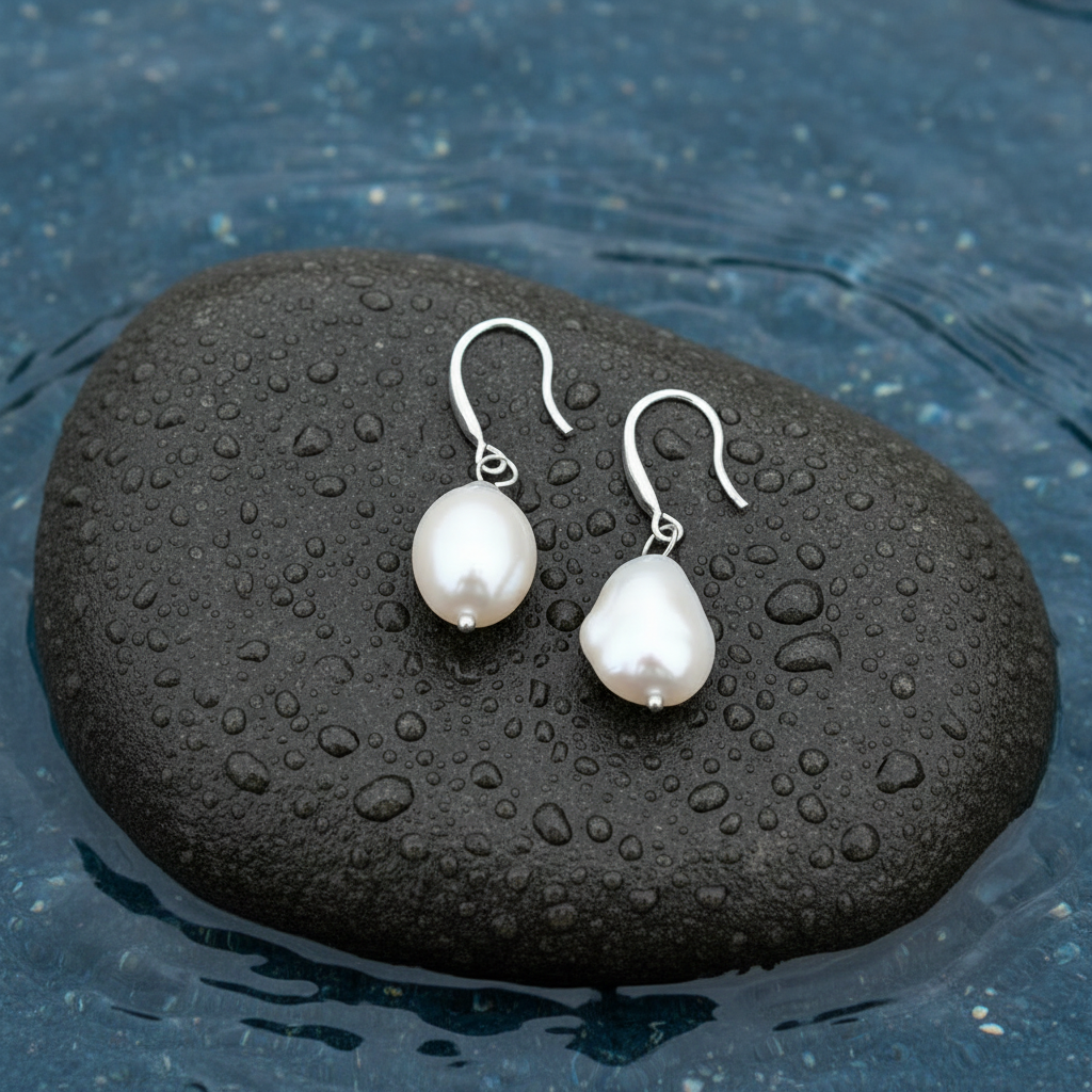 Witte zoetwater parel oorbellen met sterling zilver (925) liggend op steen in water | Drop Pearl White